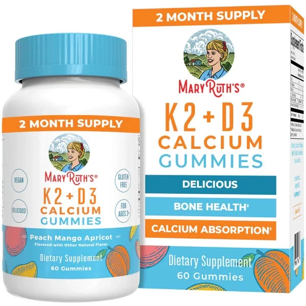 Mary Ruth's K2 + D3 Calcium Gummies - Peach Mango & Apricot - 60 Gummies - NEW