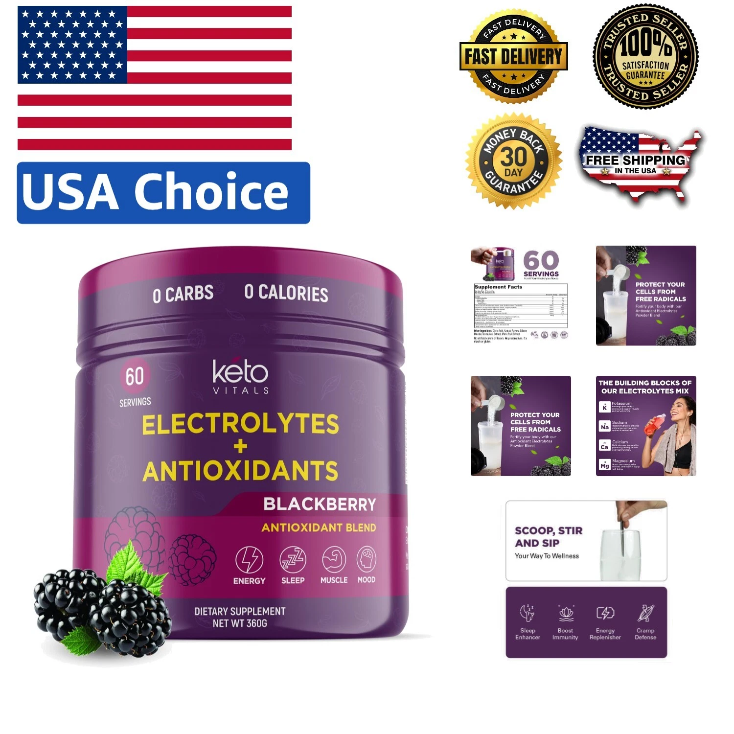 Delicious Blackberry Electrolyte Powder: Sugar-Free Keto Hydration, 60 Servings