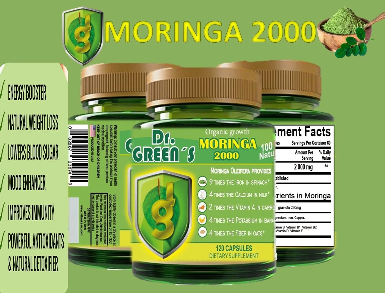100% PURE MORINGA OLEIFERA LEAF 1000mg Powder Superfood 120 Caps NOT DILUTED