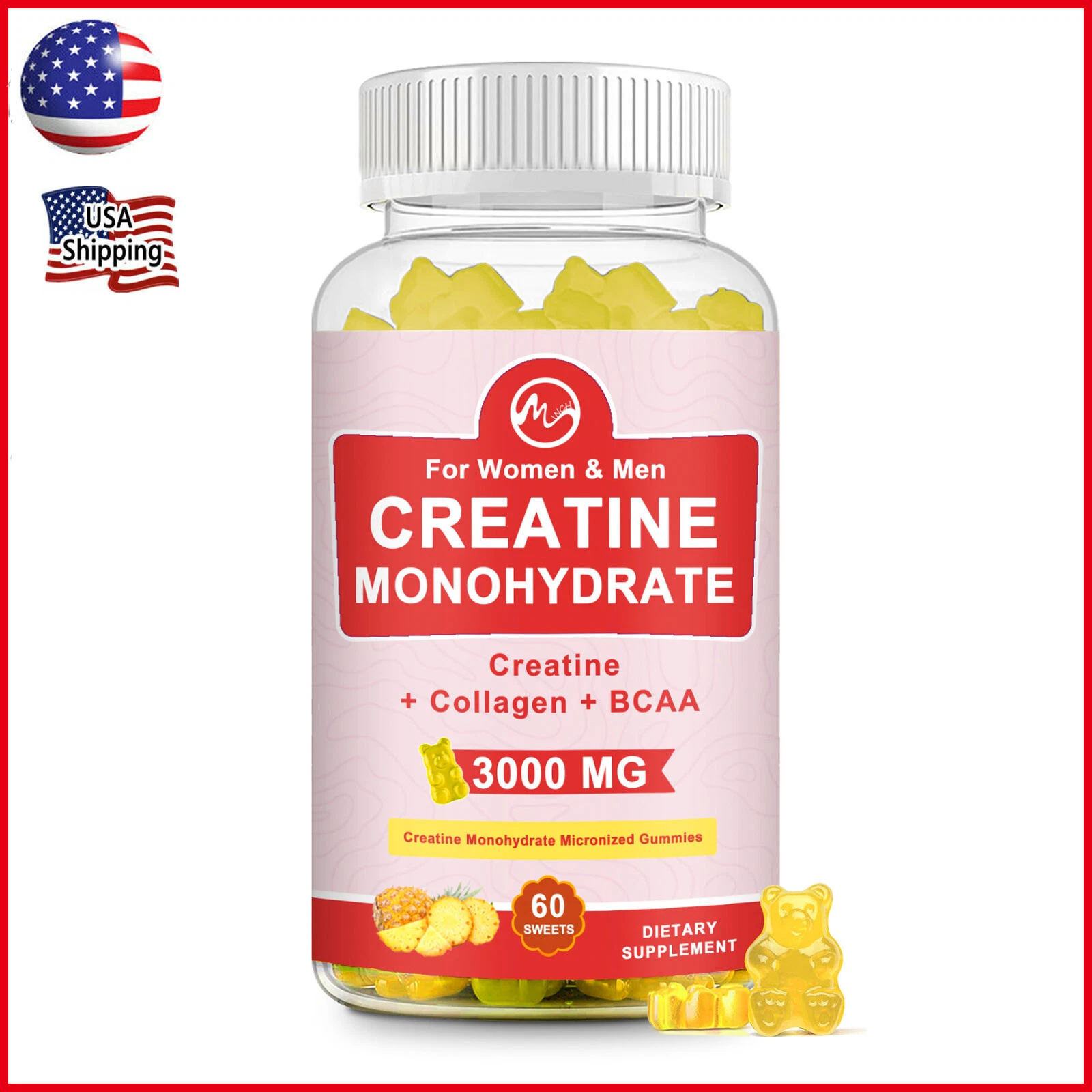 Creatine Monohydrate Gummies 3000mg Strength Energy Muscle Health Women Men