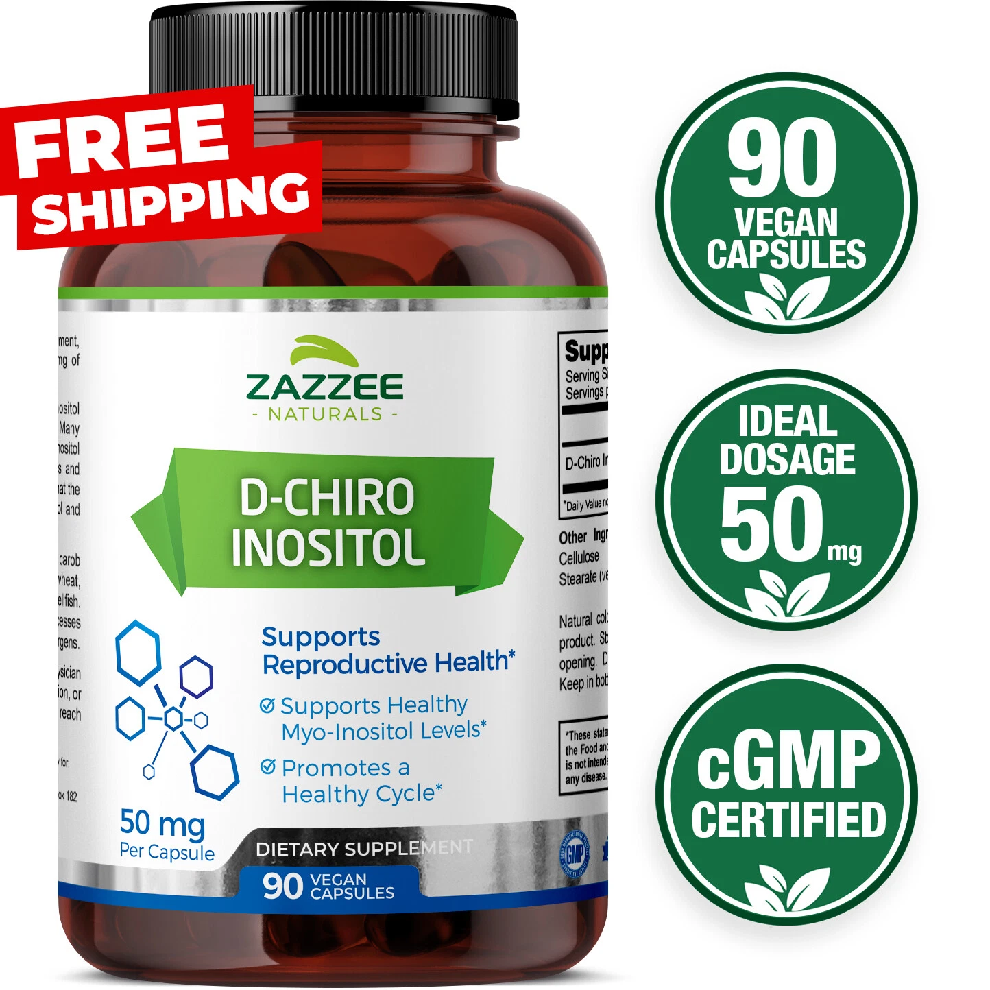 Zazzee D-Chiro-Inositol for PCOS 90 Veggie Capsules 50 mg DCI Fertility USA