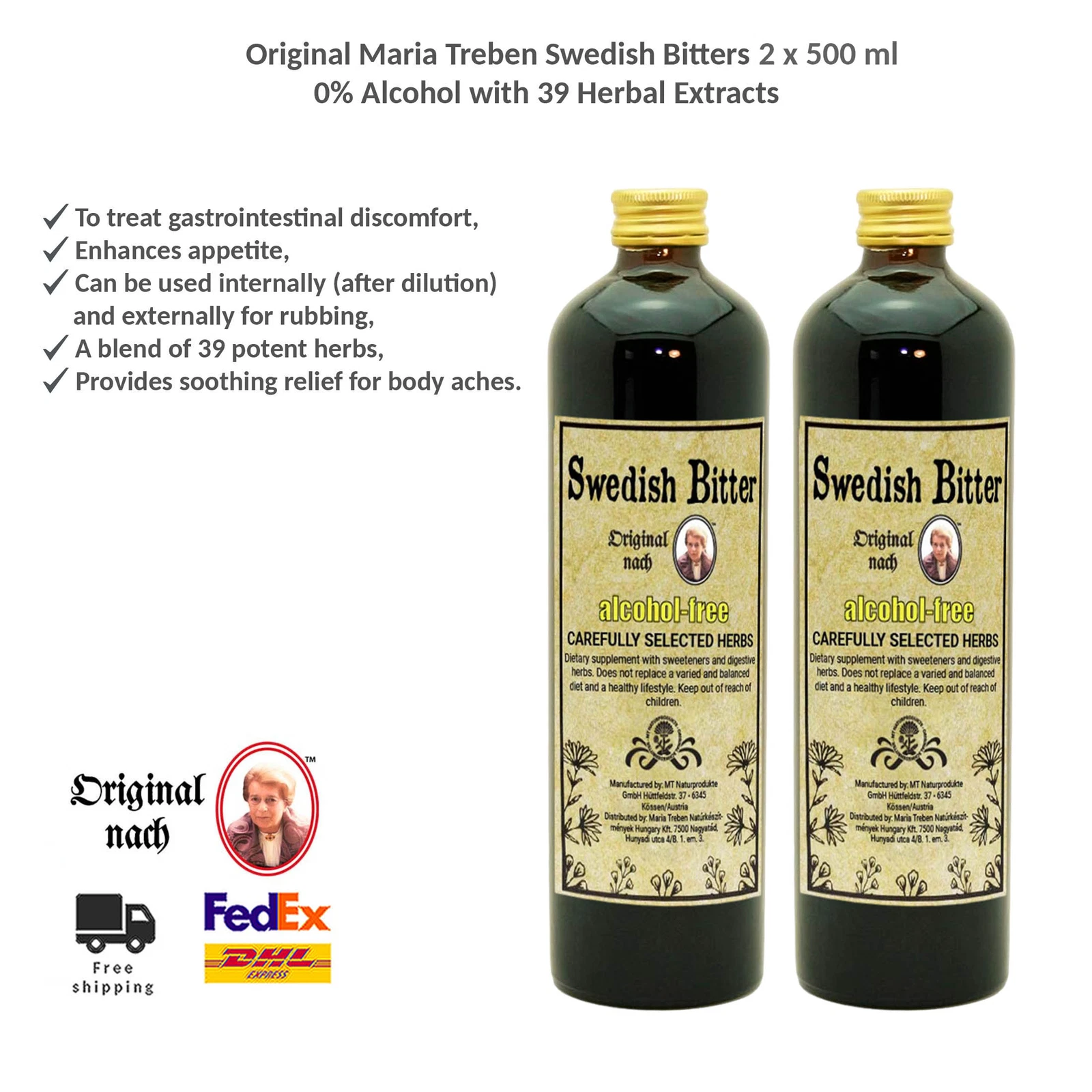 Maria Treben Original Swedish Bitters 0% Alcohol with 39 Herbal Extracts 2x500ml