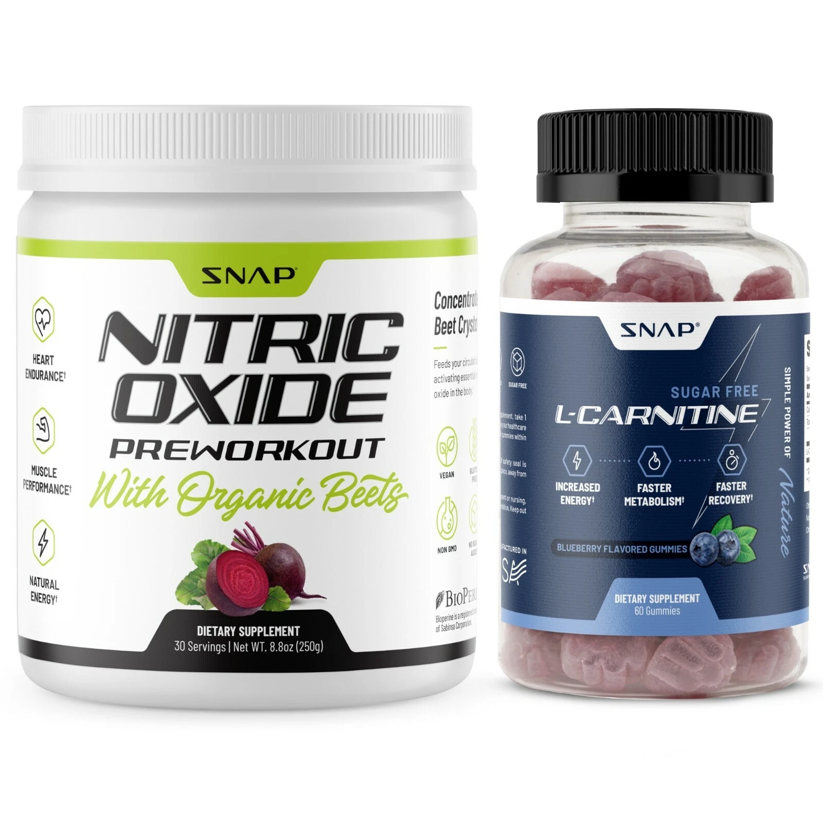 Nitric Oxide Pre-Workout Beets + Sugar Free L-Carnitine 500mg Gummy Bundle Snap