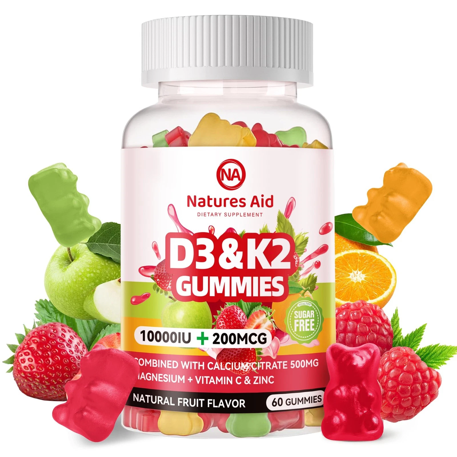 Natures Aid Sugar-Free Vitamin D3 K2 Gummies with Calcium + K2 (MK-7), Magnesium