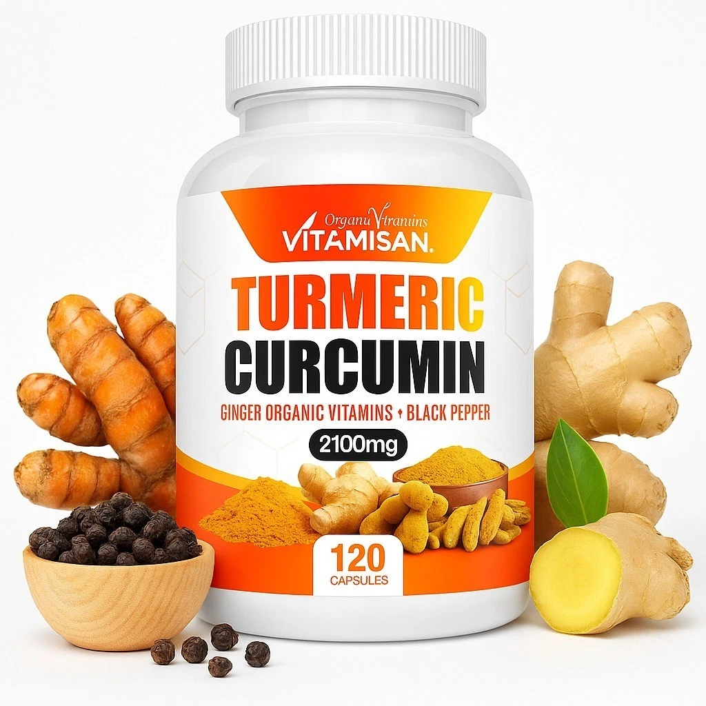 Turmeric+Ginger + Black Pepper 120 Caps – High Strength Curcumin Supplement, Non