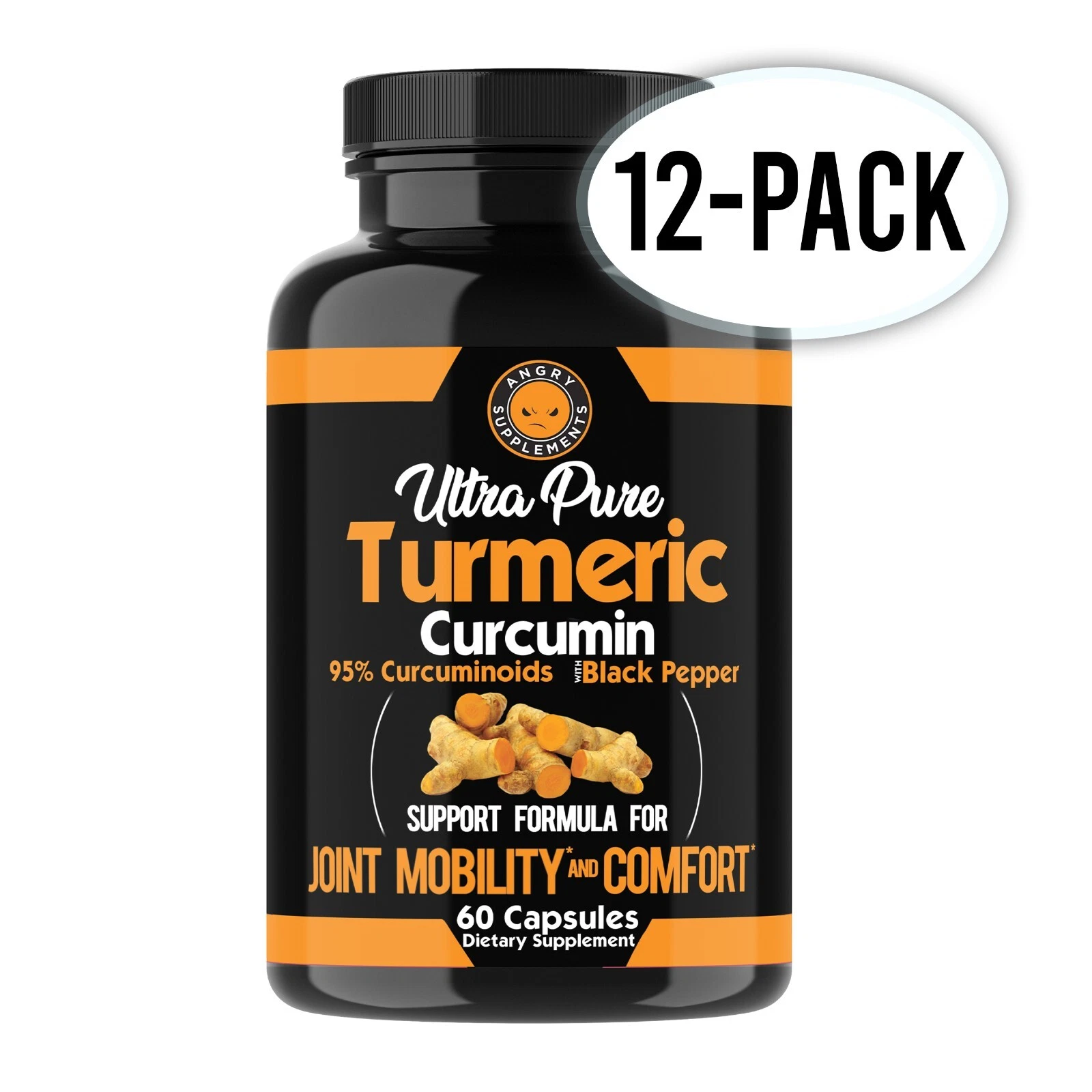 Angry Supplements Pure Turmeric Cucumin Joint Support w Black Pepper Pills, 12Pk