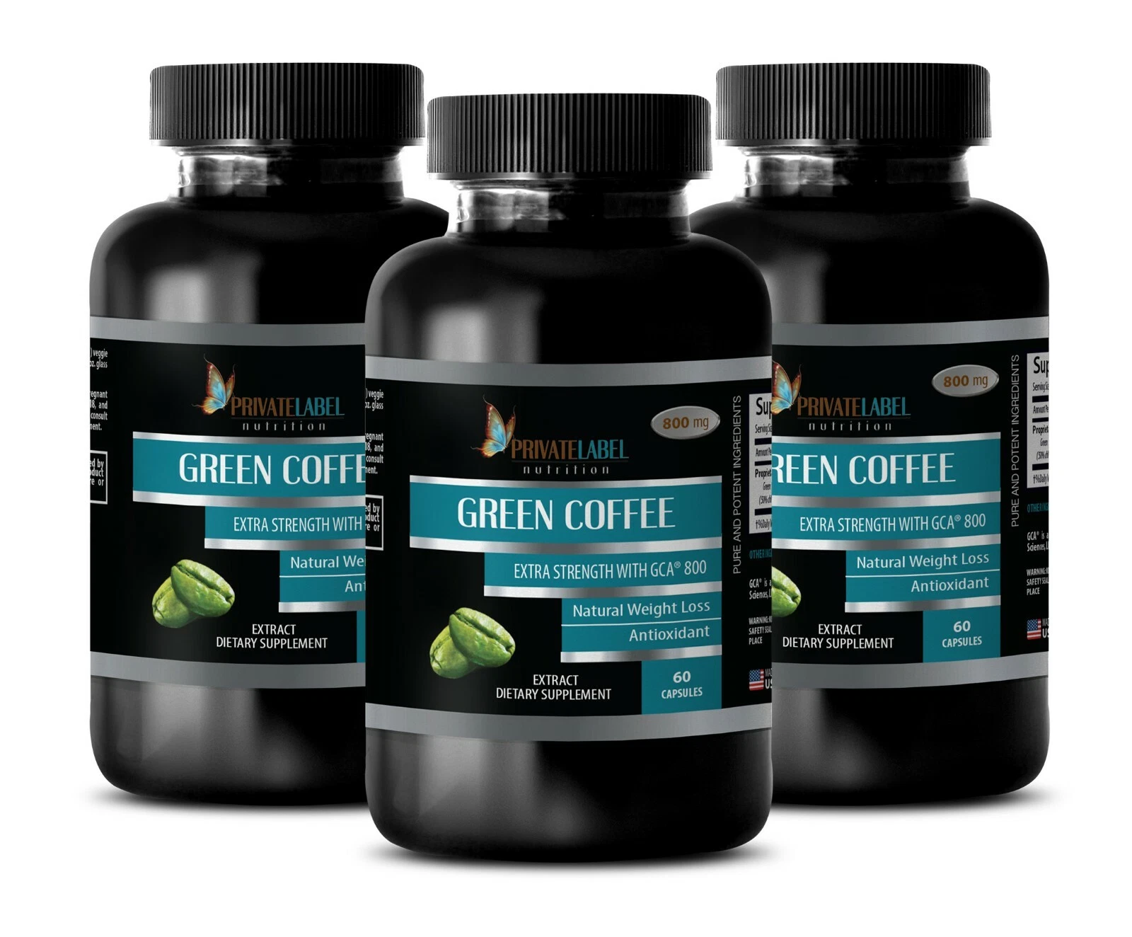 Green Coffee Bean Extract w/GCA 800 - Slimming Pills - Fat Burner - 3 Bottles