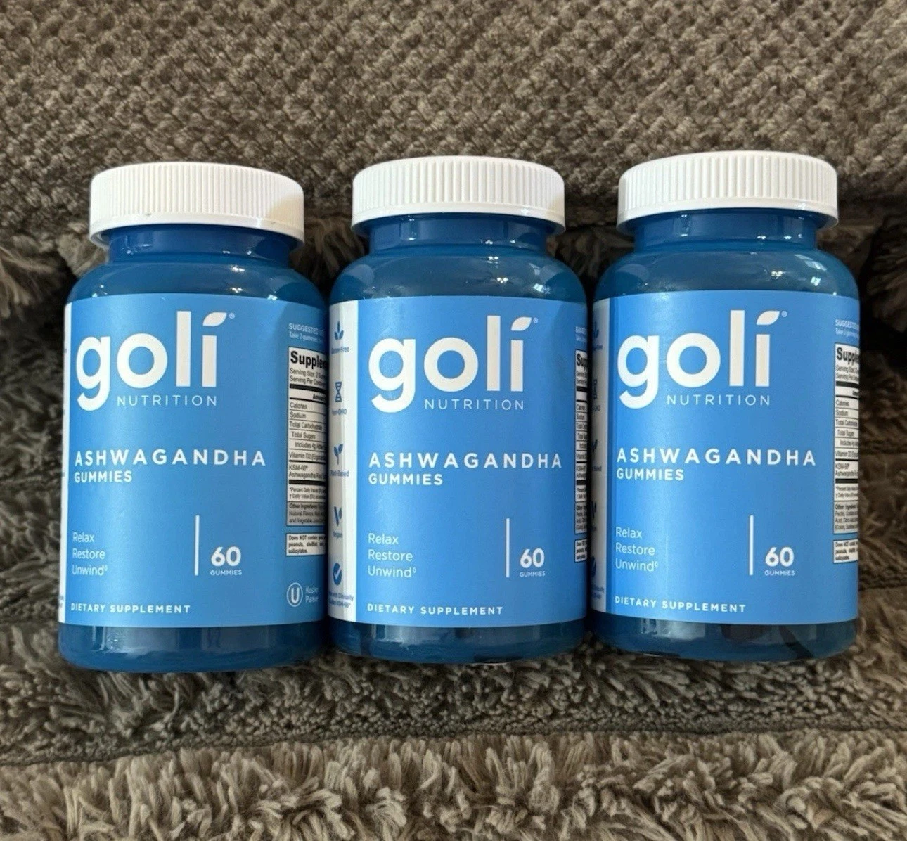 3 Bottles Goli Ashwagandha + Vitamin D Gummies – Vegan, Non-GMO, Gluten-Free