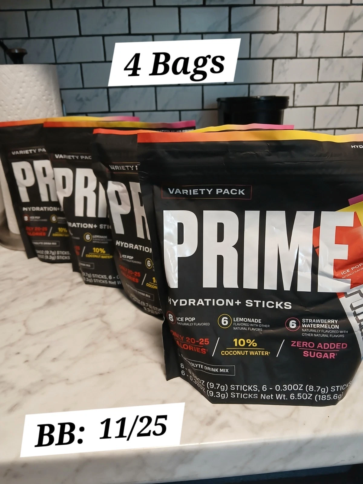 Prime Hydration Sticks Variety Pack, Ice Pop, Lemonade, StrawbWaterm (4 bags) 11