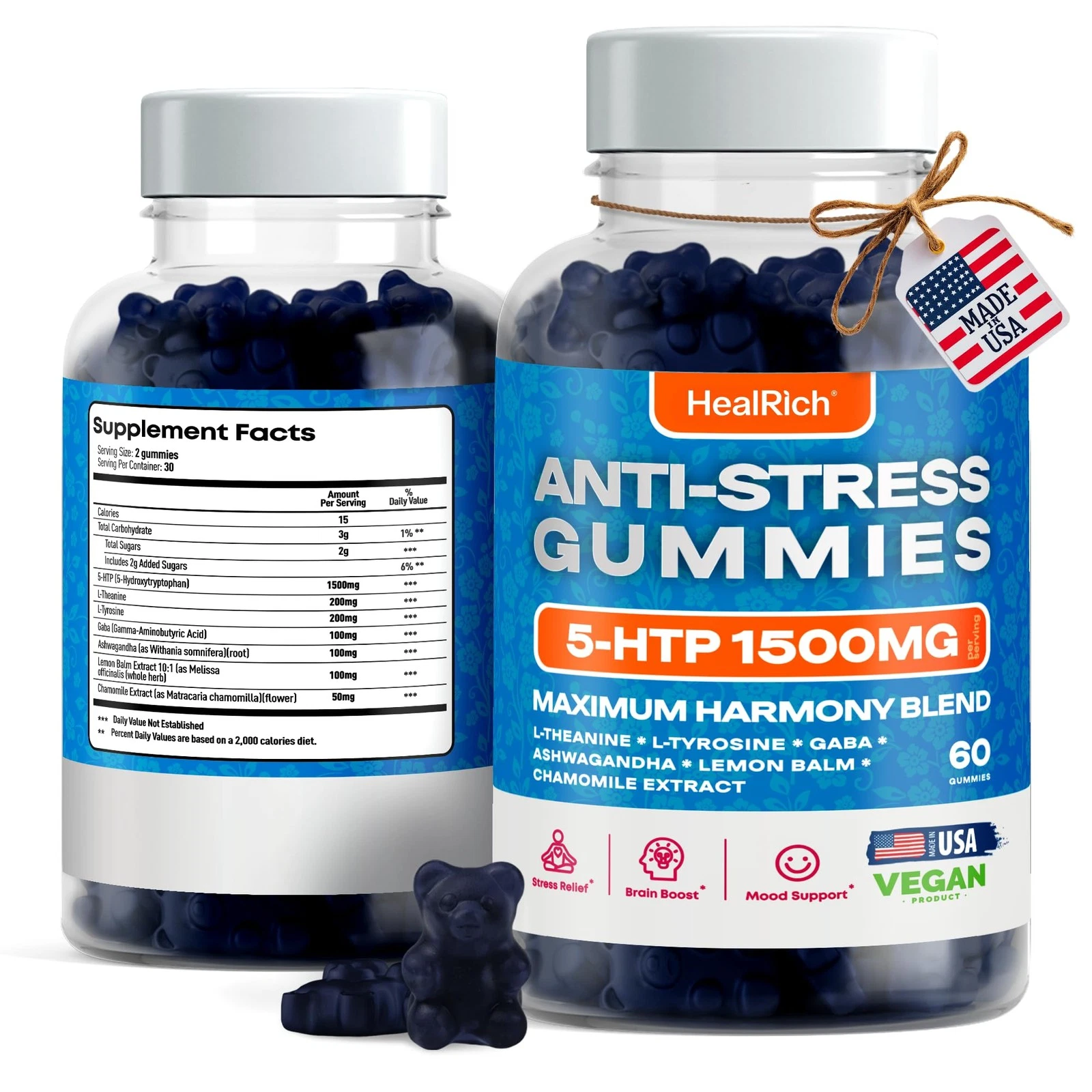 Stress Relief Gummies - 1500MG 5HTP with L-Theanine Gaba & L-Tyrosine - Ashwagan