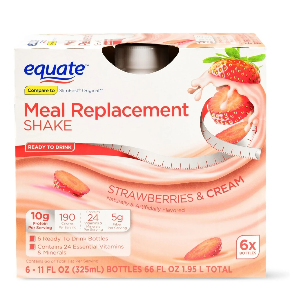 Equate Meal Replacement Shake, Strawberries & Cream, 11 Fl Oz, 6 Count Fast ship