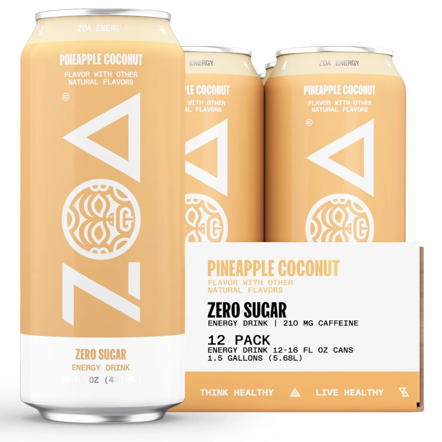 ZOA Energy Drink Zero Sugar Pineapple Coconut, 16Oz Cans (12-Pack), B-Vitamins