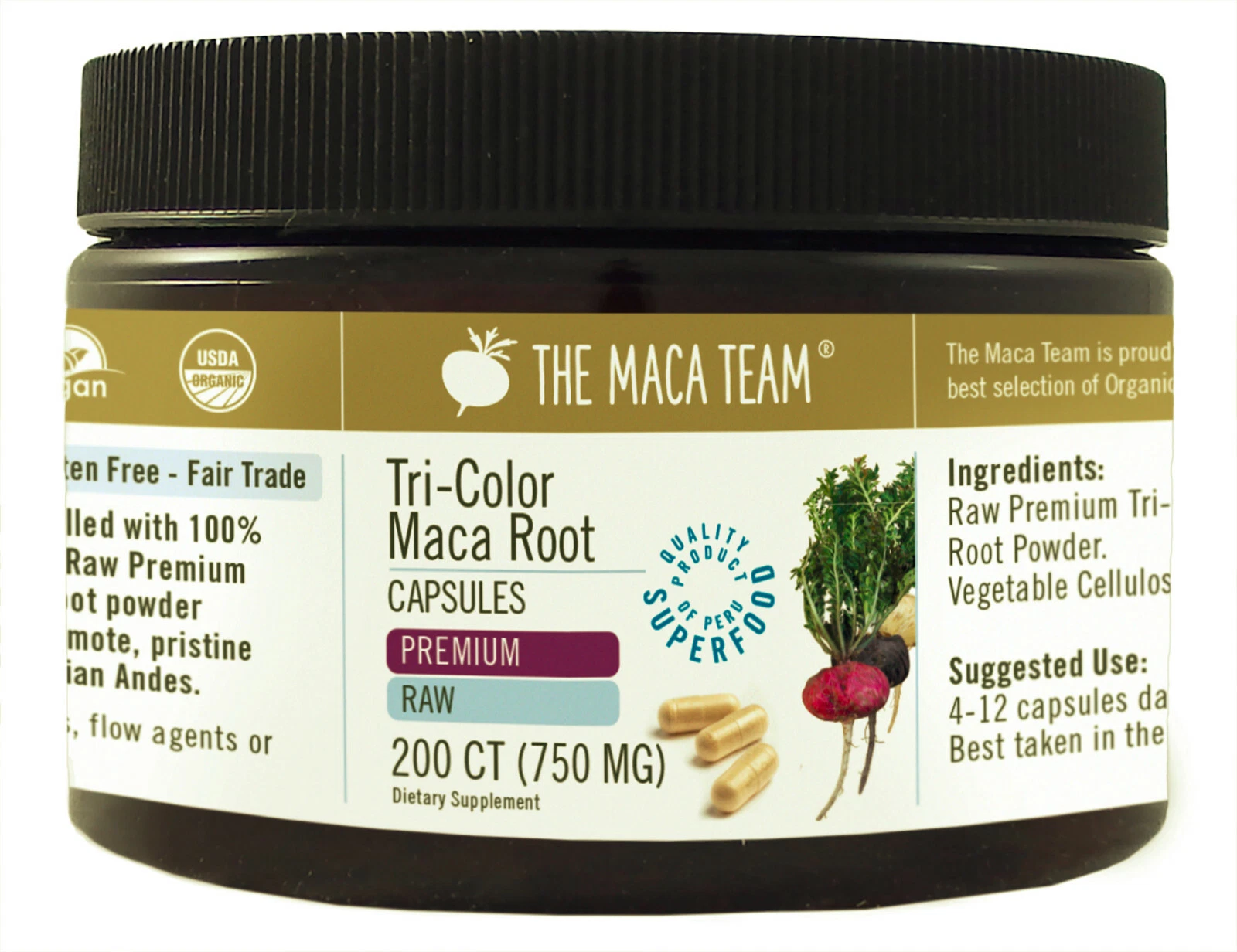 Raw Organic Premium Maca Capsules - Fresh Harvest from Peru - 750 Mg, 200 Ct