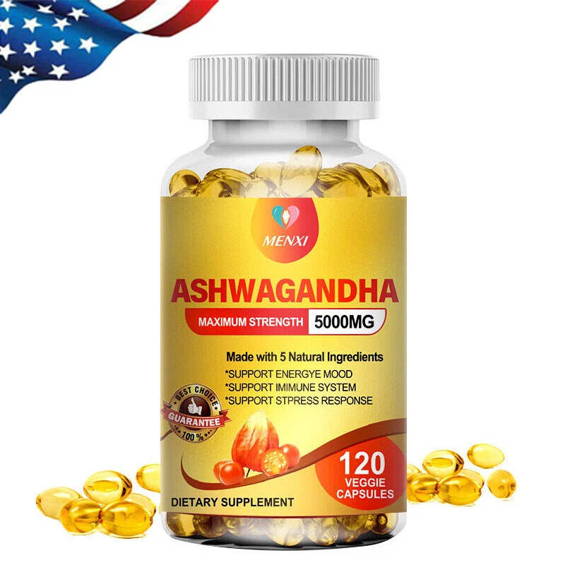 Organic Ashwagandha Capsules 5000mg Strong Stress & Adrenal Support 120 Capsules