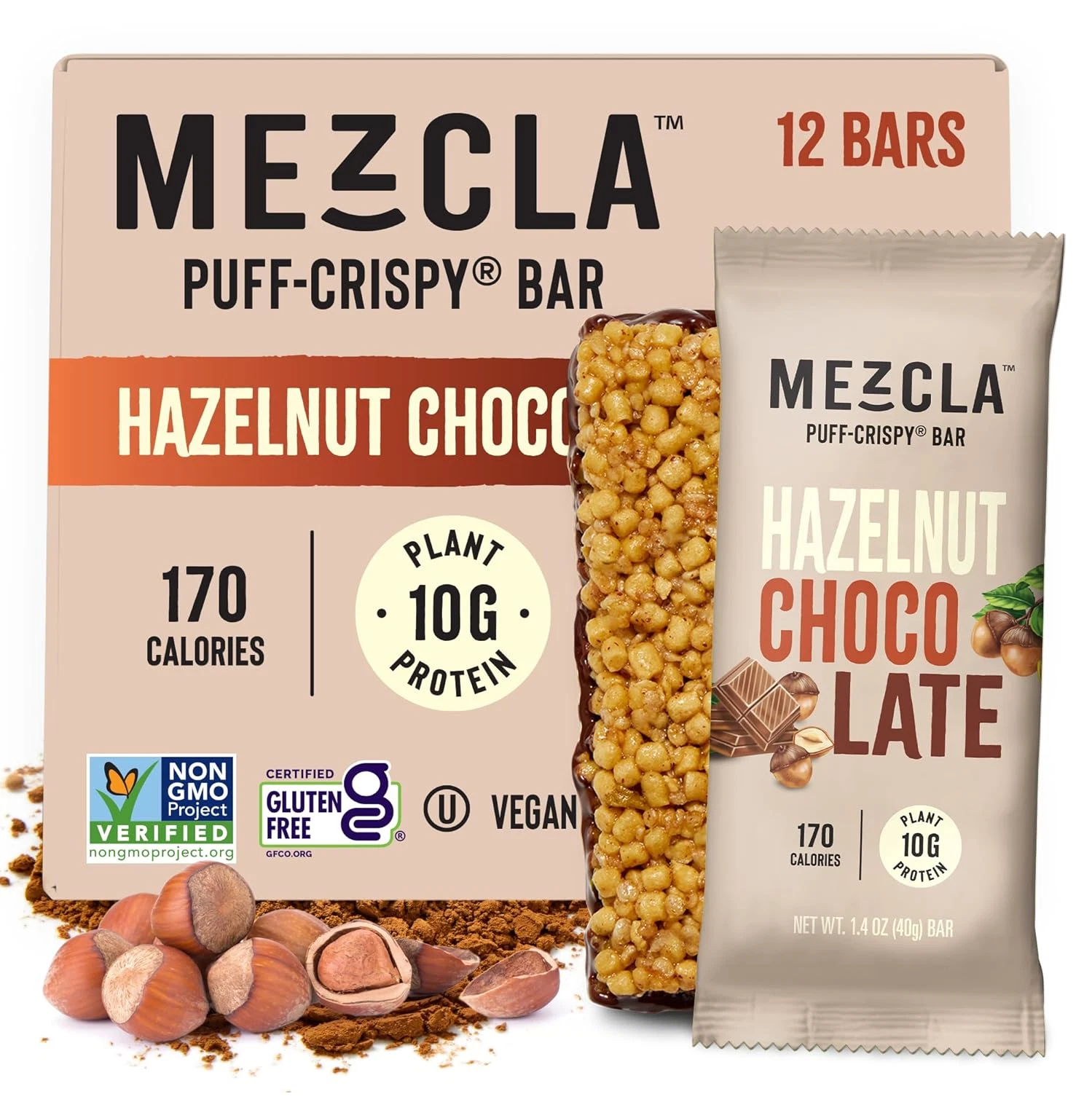 Mezcla Vegan Protein Bars, Healthy Snacks, Hazelnut Chocolate, 24 Pack - NEW