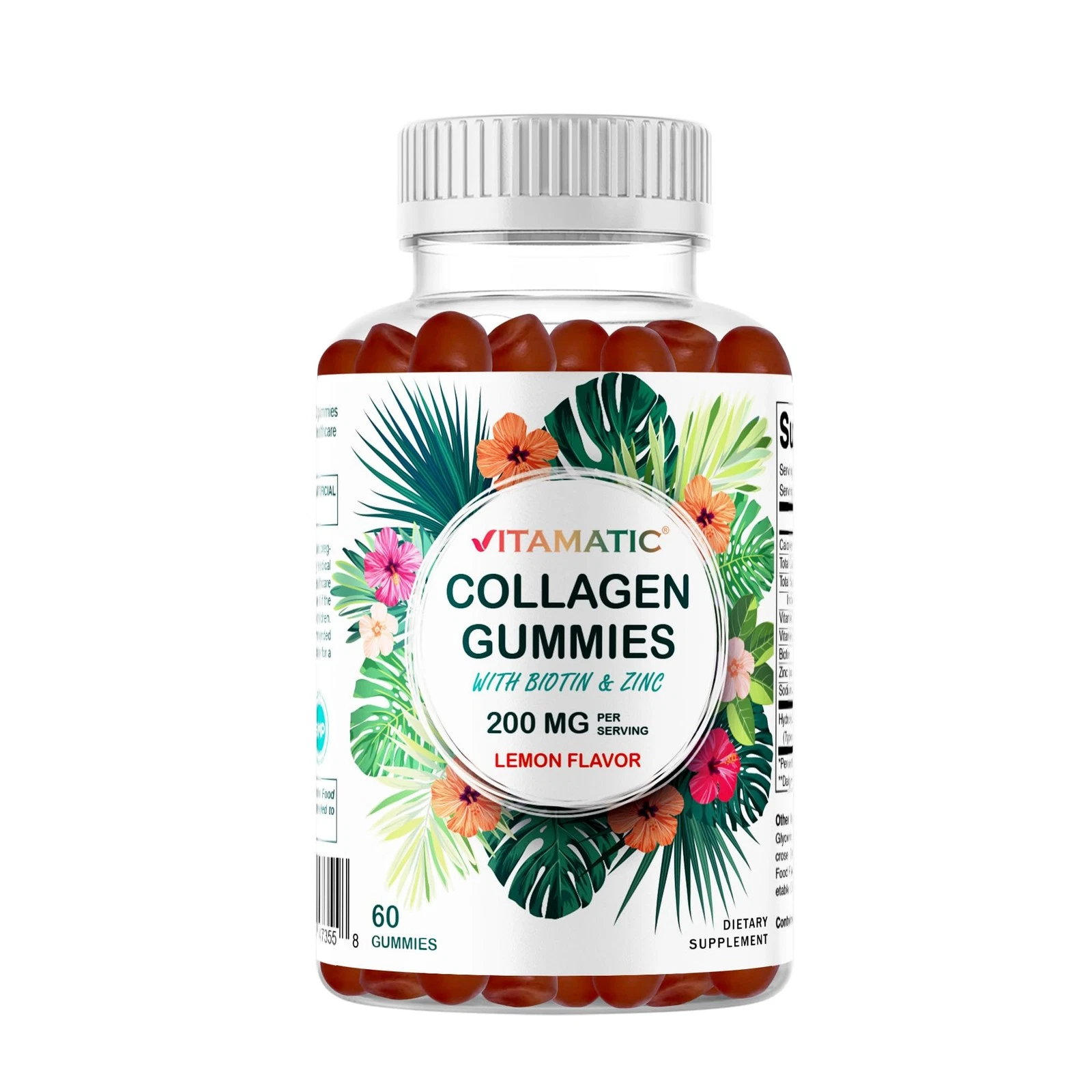 Vitamatic Hydrolyzed Collagen 60 Gummies with Vitamin C, Zinc and Biotin, 200 mg