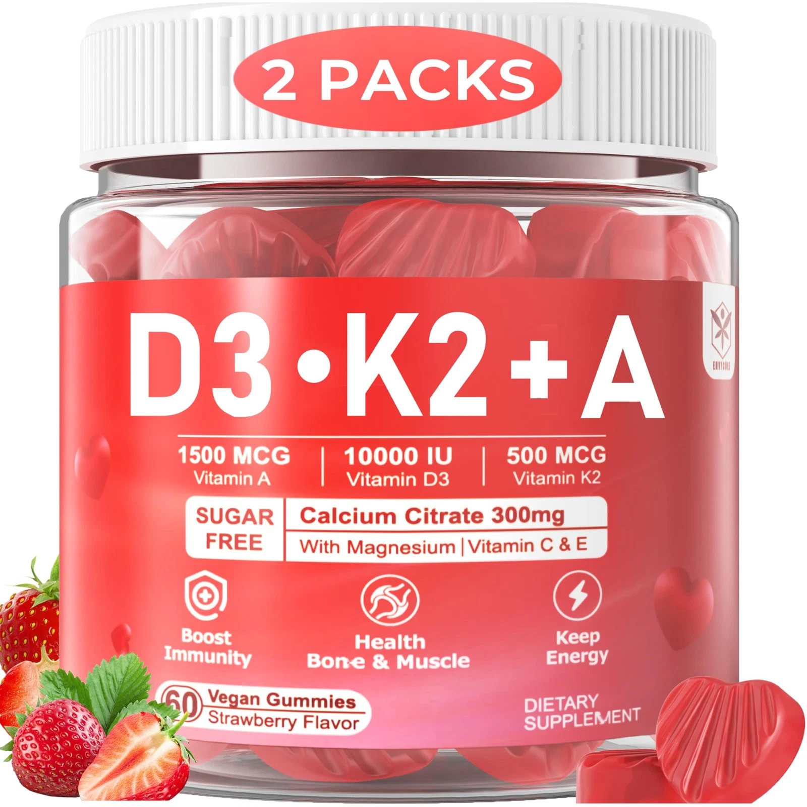 Vitamin D3 10000 IU + K2 (MK7) 500mcg + A 5000IU Gummies w/ Magnesium Calcium fo