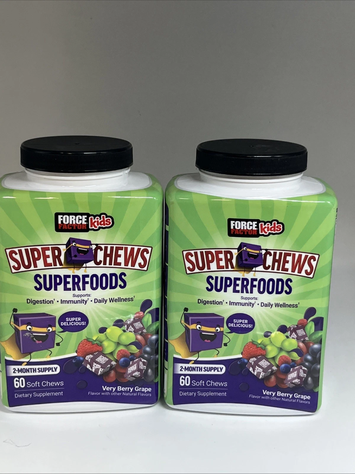 Lot Of 2 Force Factor Kids Super Chews Very Berry Grape 60 Chews Ea Exp:3/26 New
