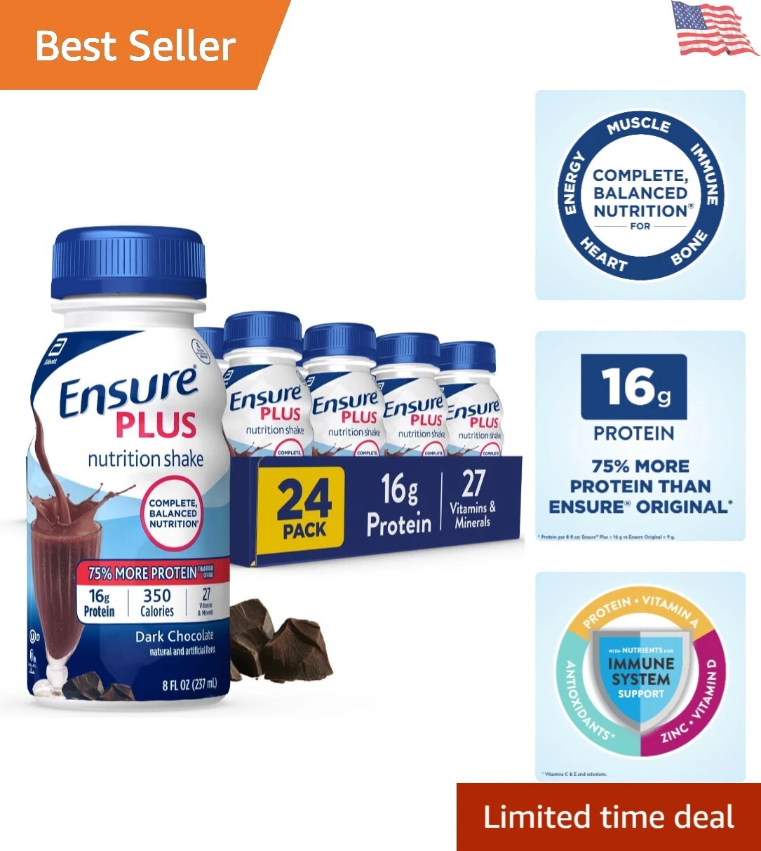 Plus Dark Chocolate Meal Replacement Shake 24 Count for Weight Gain Support