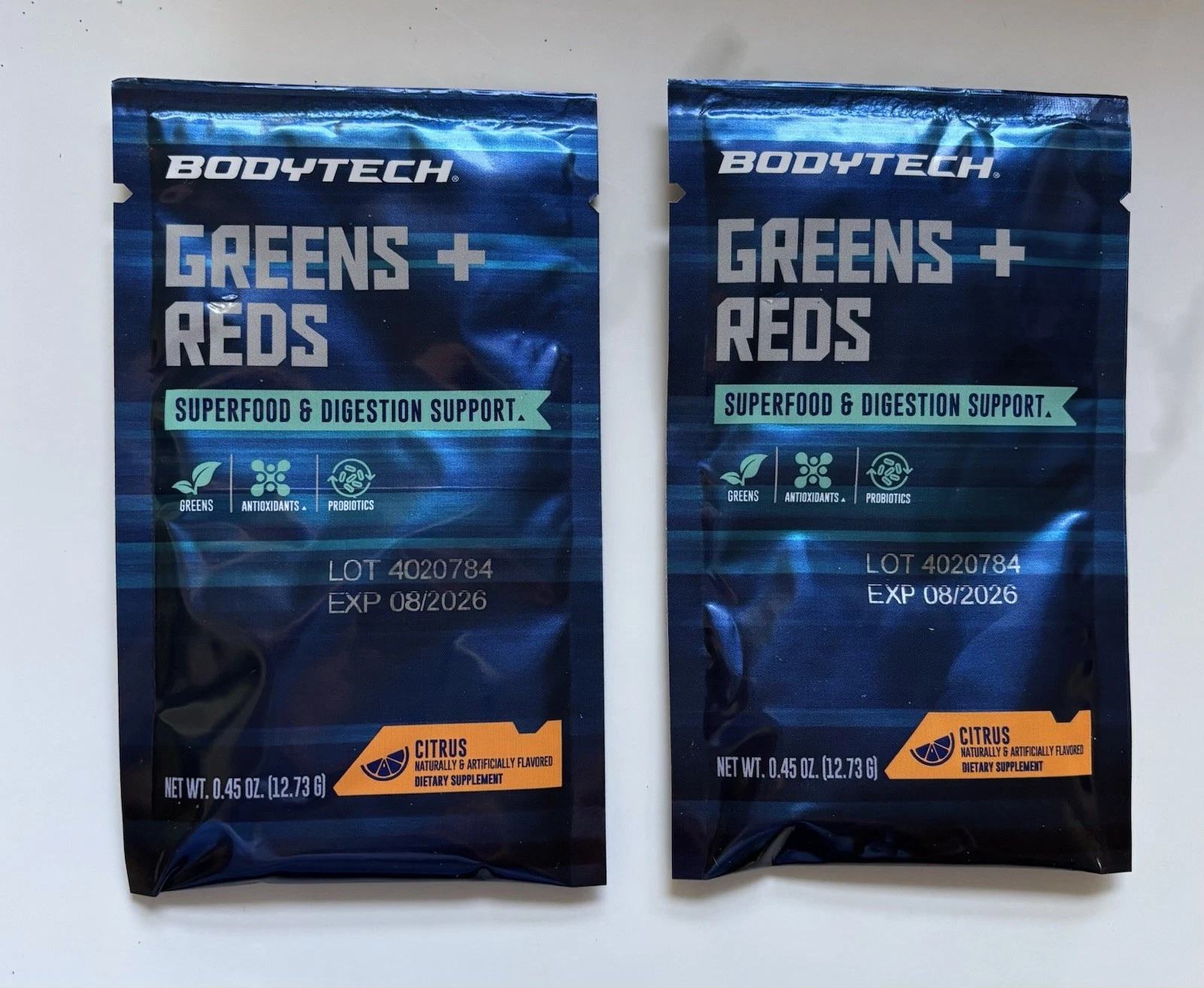 2 Travel Pks BODYTECH Greens + Reds Powder Superfood & Digestive Support Citrus