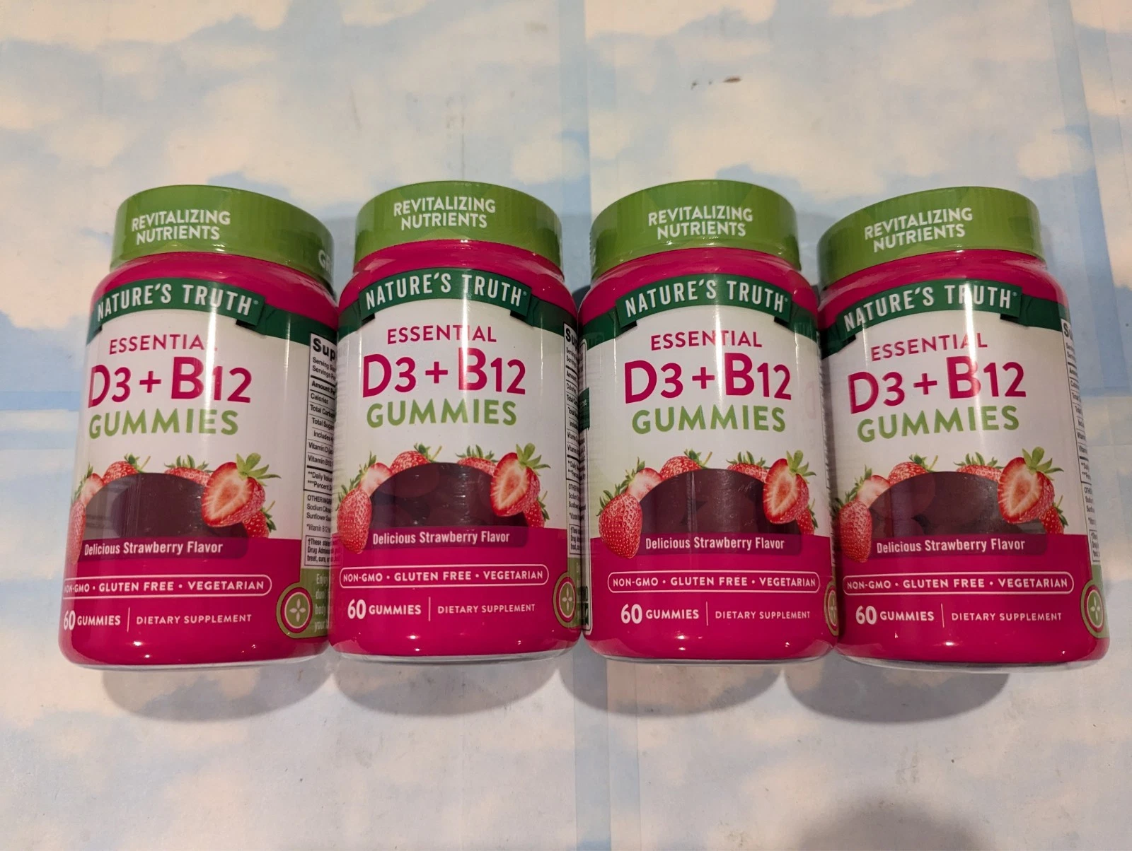 LOT (4) NATURE'S TRUTH ESSENTIAL D3 + B12 GUMMIES STRAWBERRY 60 GUMMIES EA