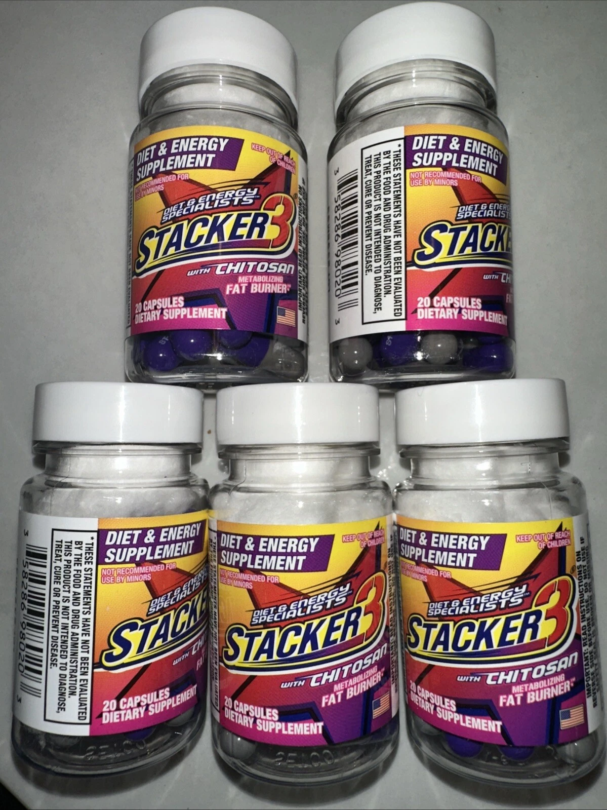 5ct Stacker 3 Energy Weight Loss Chitosan 5 Bottles 100 Caps