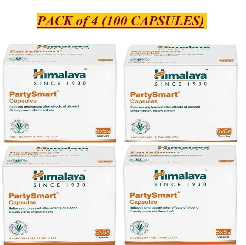 4 X Himalaya Party Smart Capsules (25 Cp each) relieves aftereffects of ALCOHOL