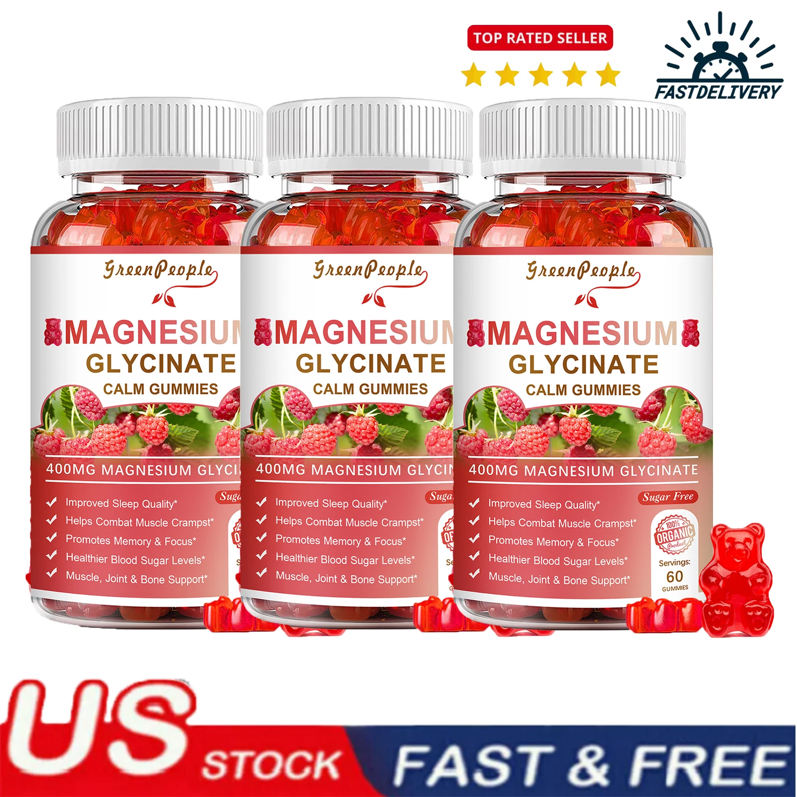 3*60 400MG Magnesium Glycinate Gummies,Improve Sleep,Support Muscle,Joint Health