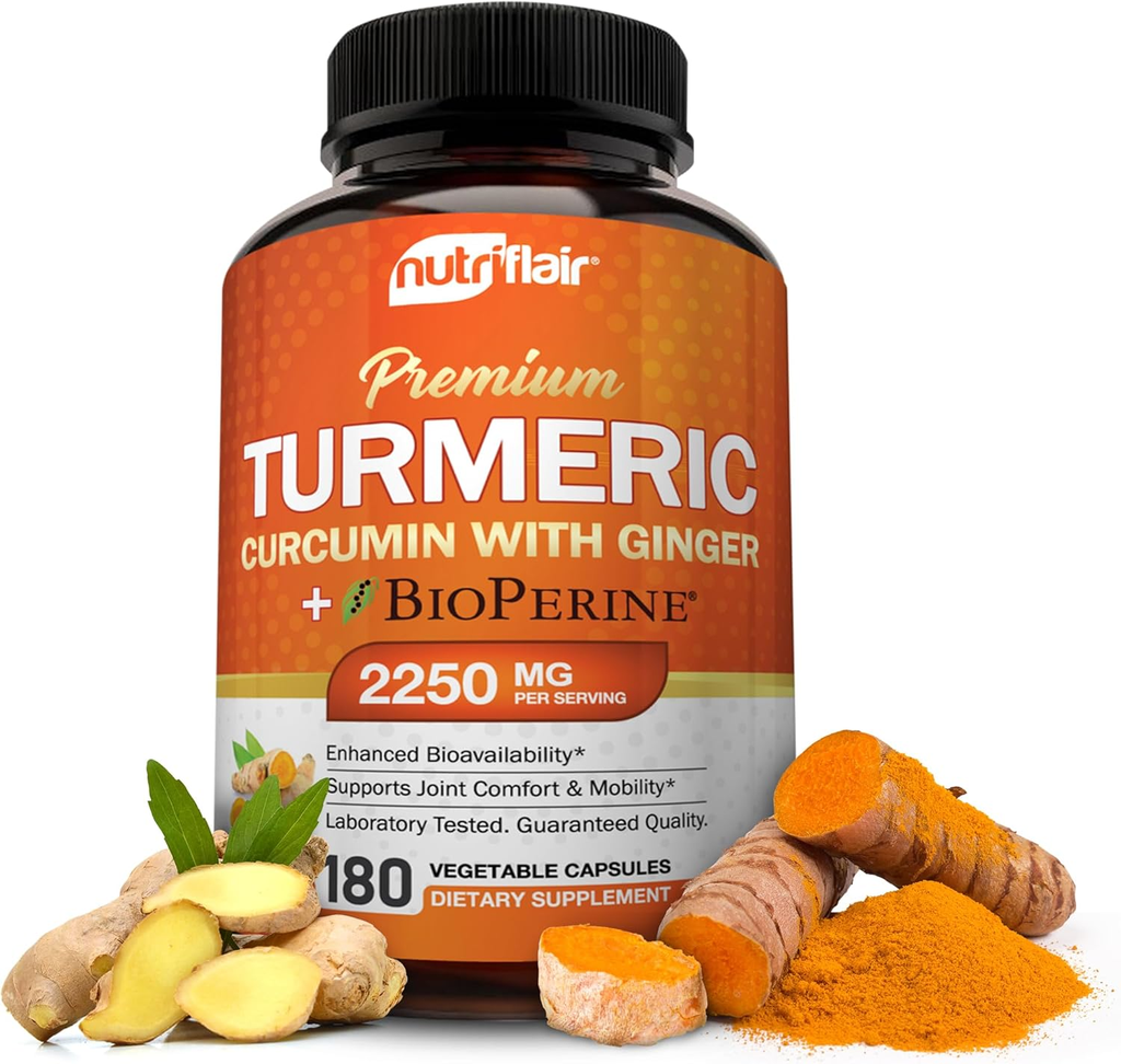 NutriFlair Turmeric Curcumin with Ginger and BioPerine Black Pepper Supplements,