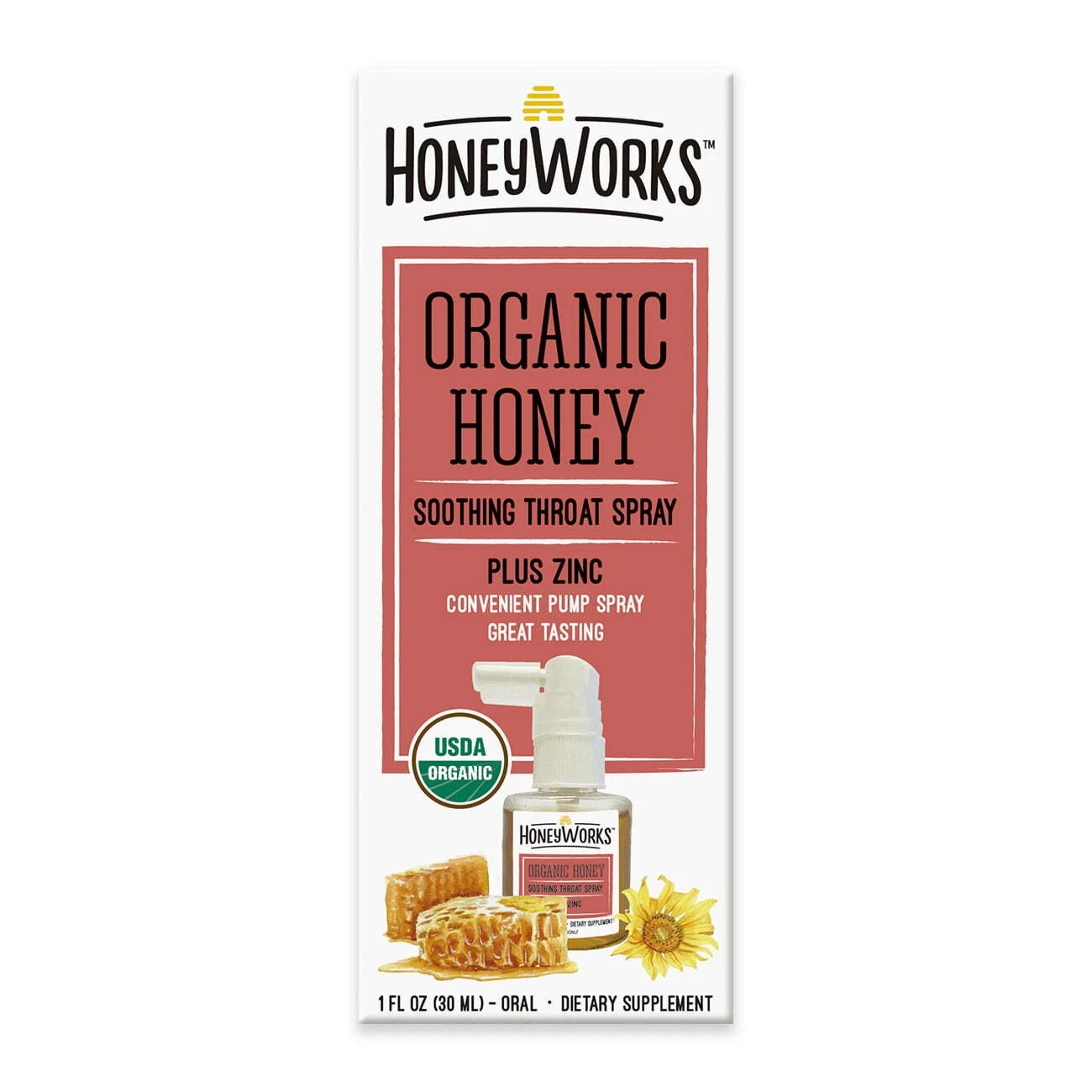 Honey Works Soothing Throat Spray With Zinc Organic Honey Dietary Supplement 1oz