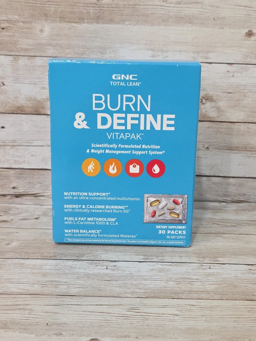 GNC Total Lean Burn 60 & Define Vitapak CLA Waterex Multivitamin Carnitine Diet