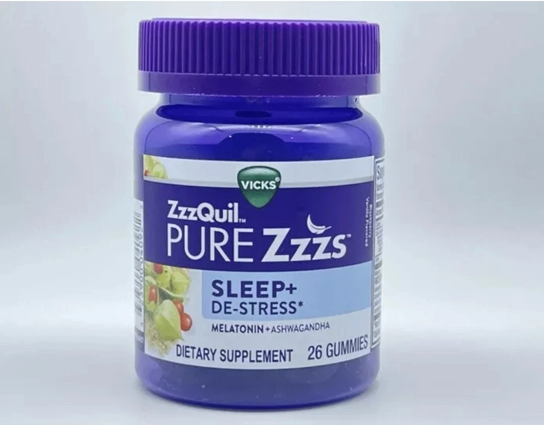 New Vicks ZzzQuil Pure Zzzs Sleep+De-Stress Gummies, 26 Gummies, Exp: 09/2025