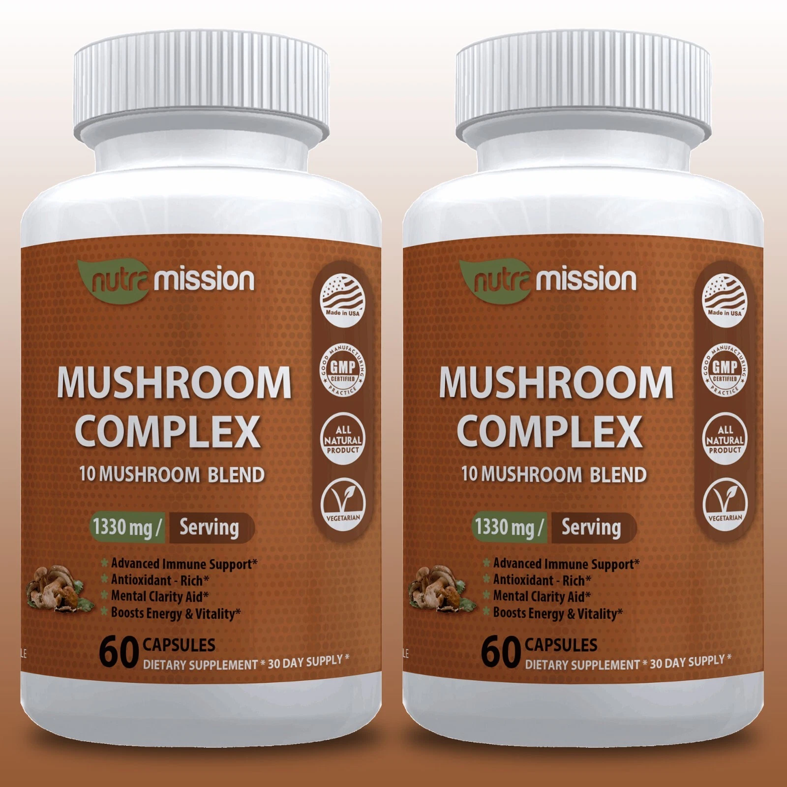 Mushroom Complex 10 Mushrooms 1330 mg- Immune Defense, Energy, Vitality 120ct