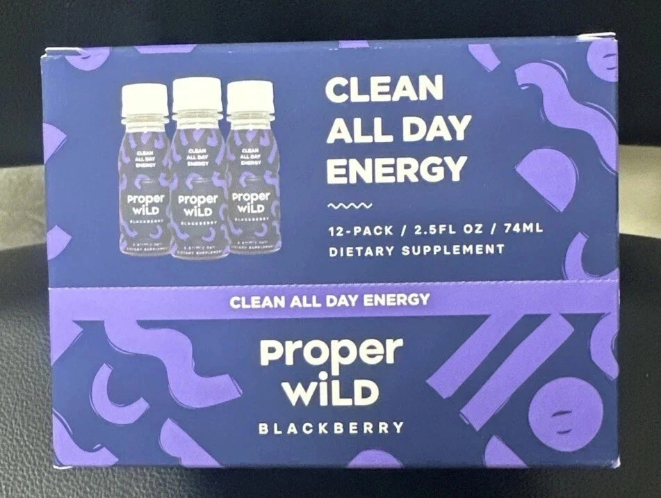 Box of 12 - Proper Wild Vegan Energy Shots - Blackberry - 2.5oz - Exp. 11/2026