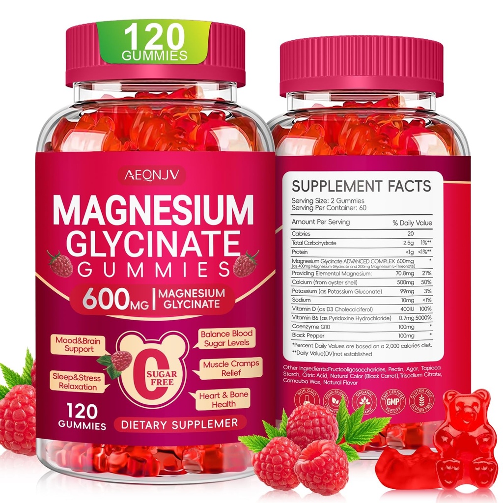 Magnesium Glycinate Gummies 600mg, Sugar Free Magnesium Gummies for Adults wi...