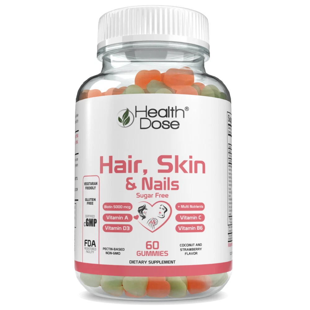 Health Dose Hair Skin Nails Biotin 5000 mcg, Vitamin A,D3,C, B6, Sugar Free 60 C