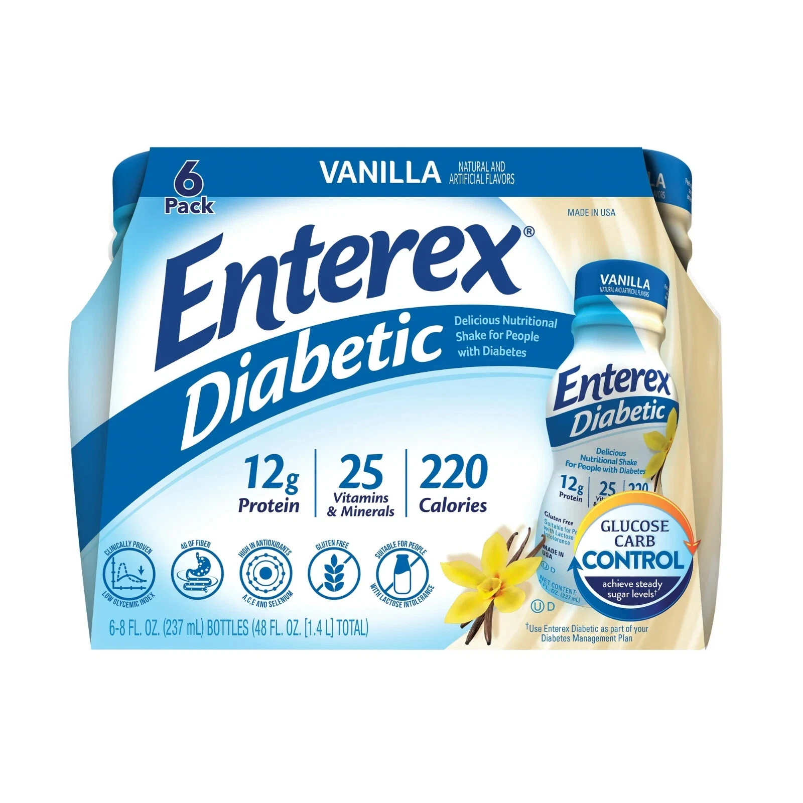 Enterex Diabetic Nutritional Meal Replacement Shake, Vanilla,8 Fl Oz, 6 Pack USA