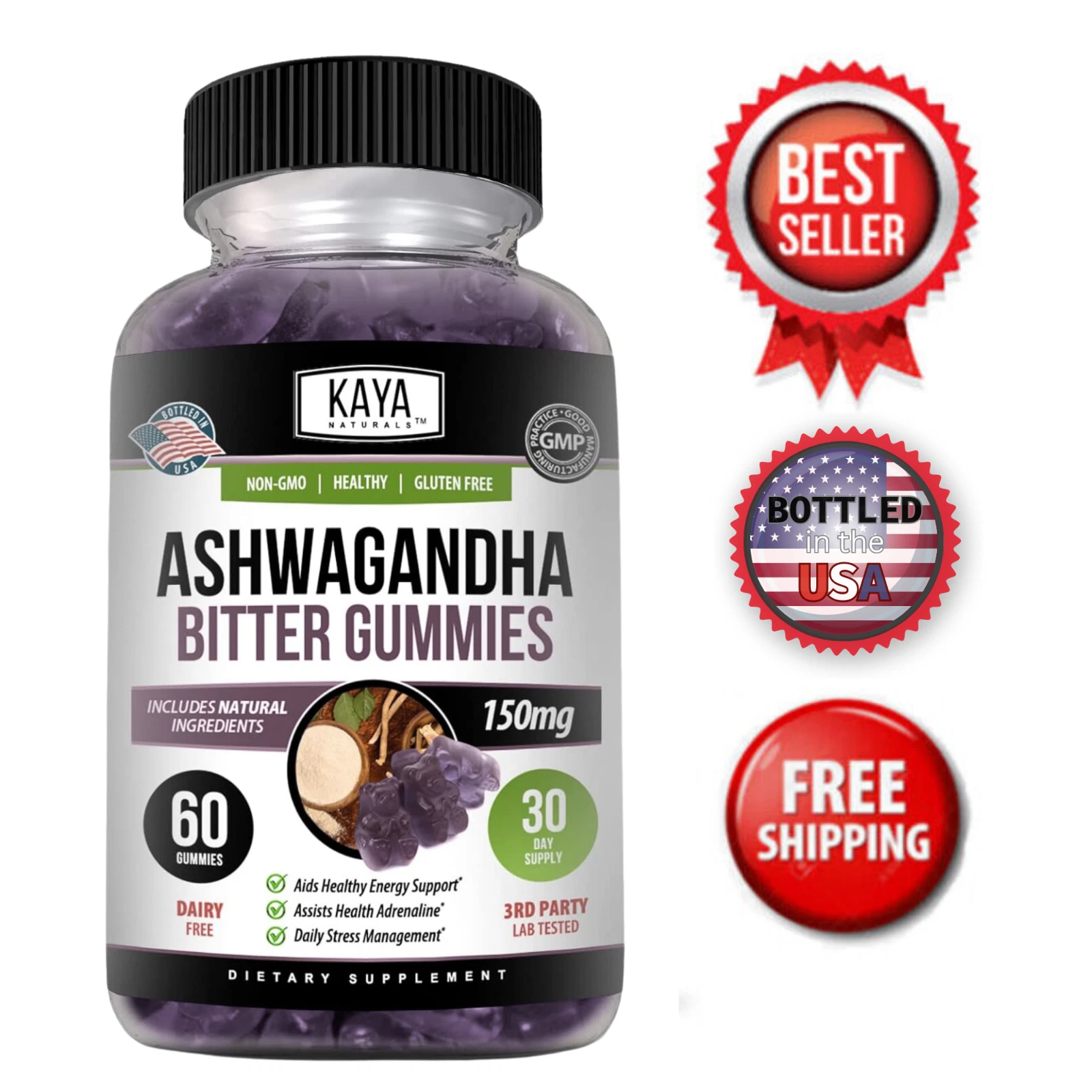 Ashwagandha Bitter Gummies 60ct Stress Relief Calm Energy Focus Natural Flavor