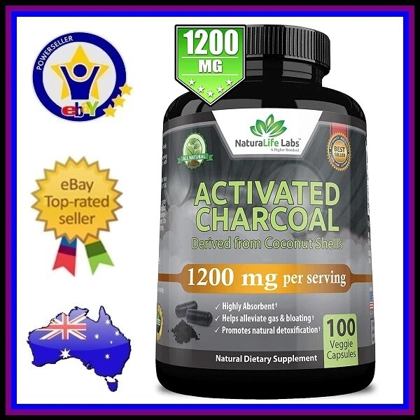 ACTIVATED CHARCOAL 1200mg HIGH DOSAGE Detox Cleanse Bloating Gas 100 Veggie Caps