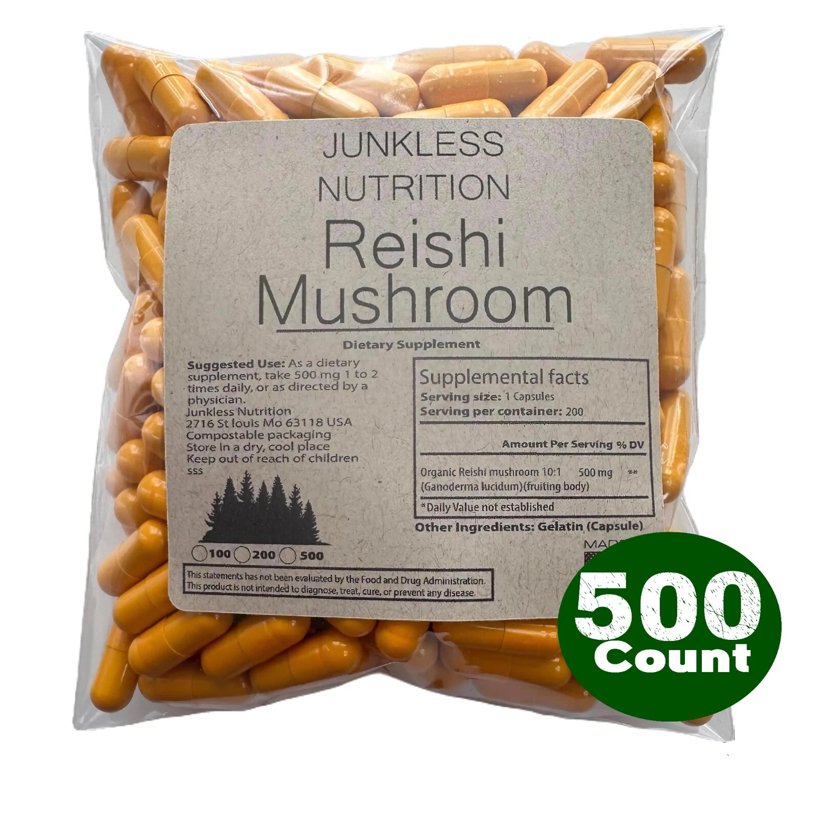 Reishi Mushroom Extract 10:1 Pure Organic Strong 500 Caps (Ganoderma Lucidum)