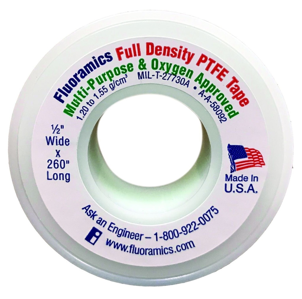 Fluoramics 9010005 LOX-8 Full Density PTFE Tape, 1/2" x 260"