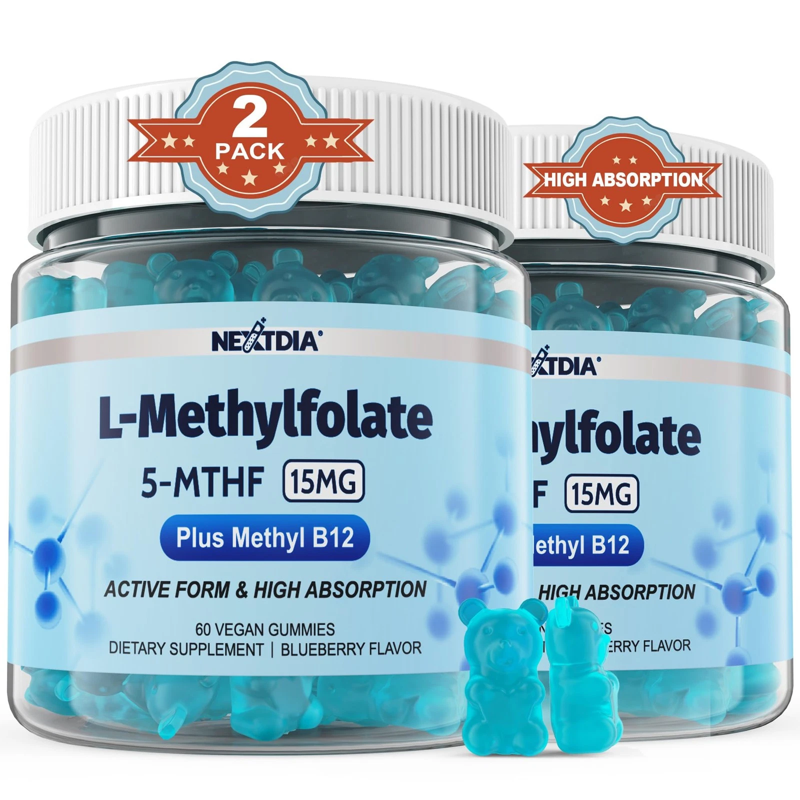 L-MethylFolate 15mg & Methyl B12 Gummies, Methylated B1, B2, B6 Multivitamins -