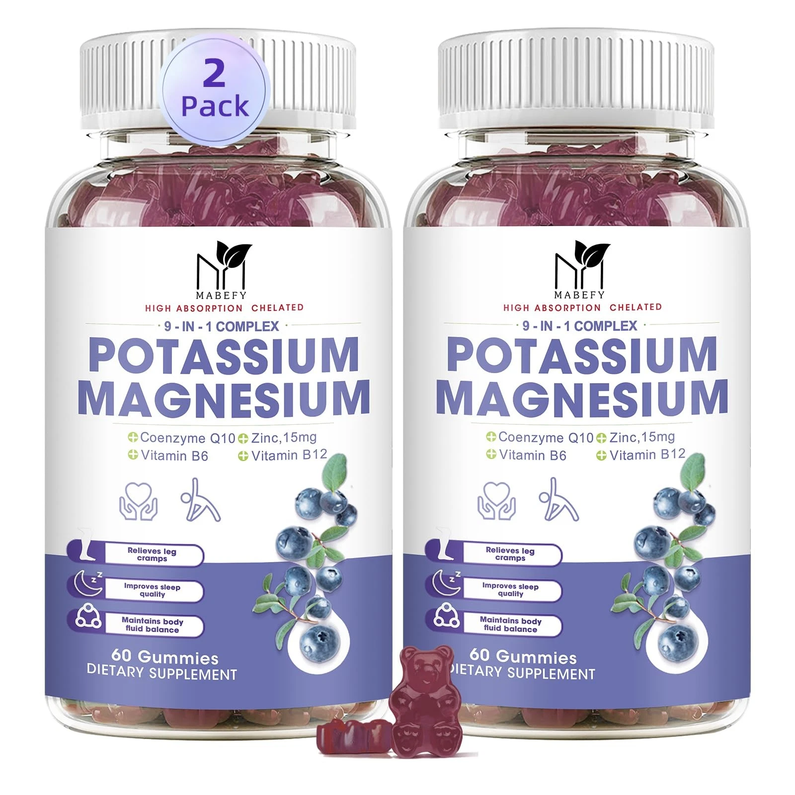 2 Pack Potassium Magnesium Gummies, Sugar-Free Potassium Gummies with Magnesium