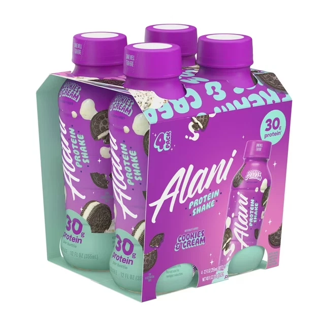 Alani Nu Protein Shake, Cookies & Cream, 12 fl oz, 4 Pack, Bottles, 30g Protein