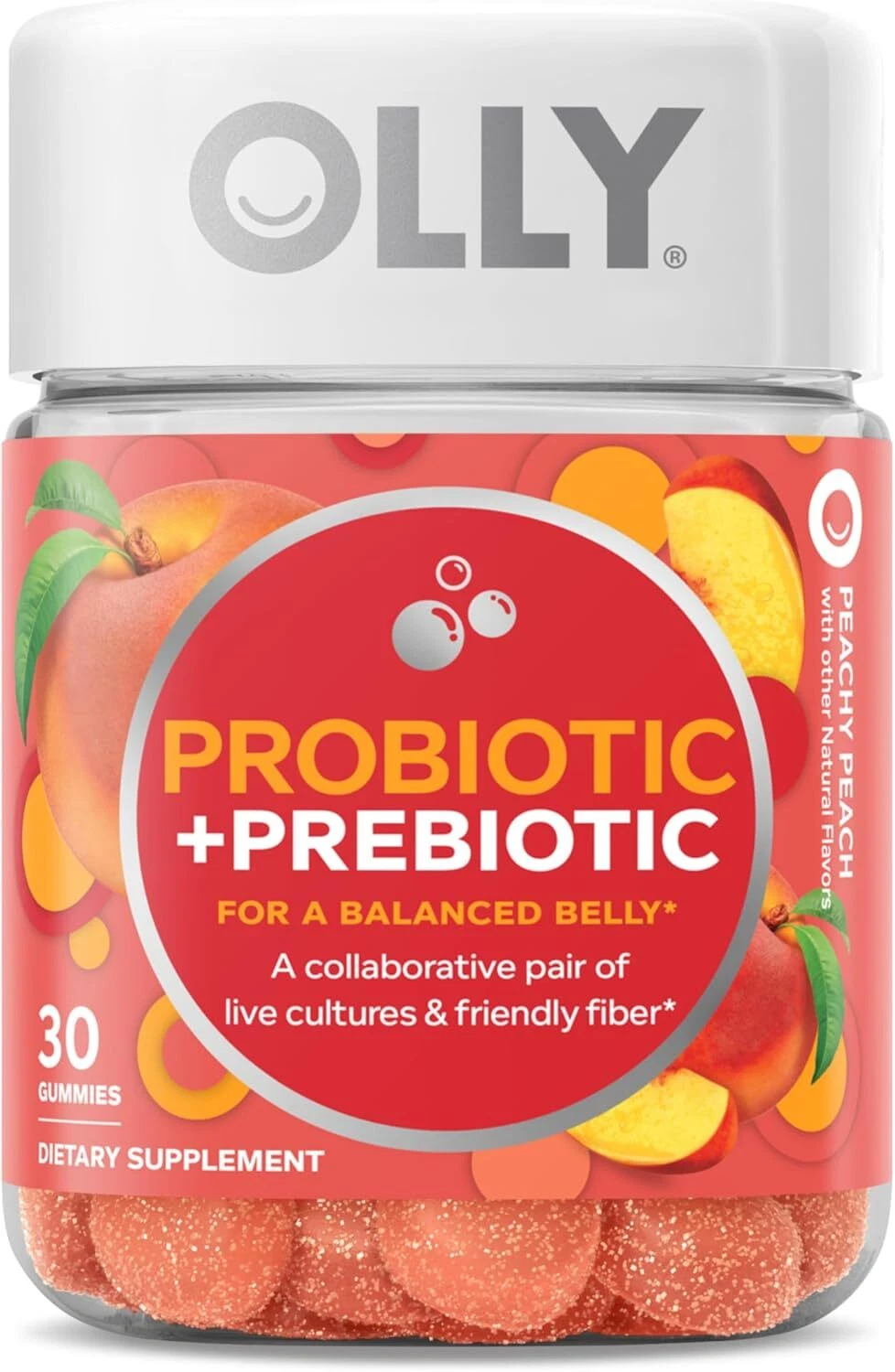 OLLY Probiotic + Prebiotic Gummies – 30 Day, Peach, Gut & Digestive Support