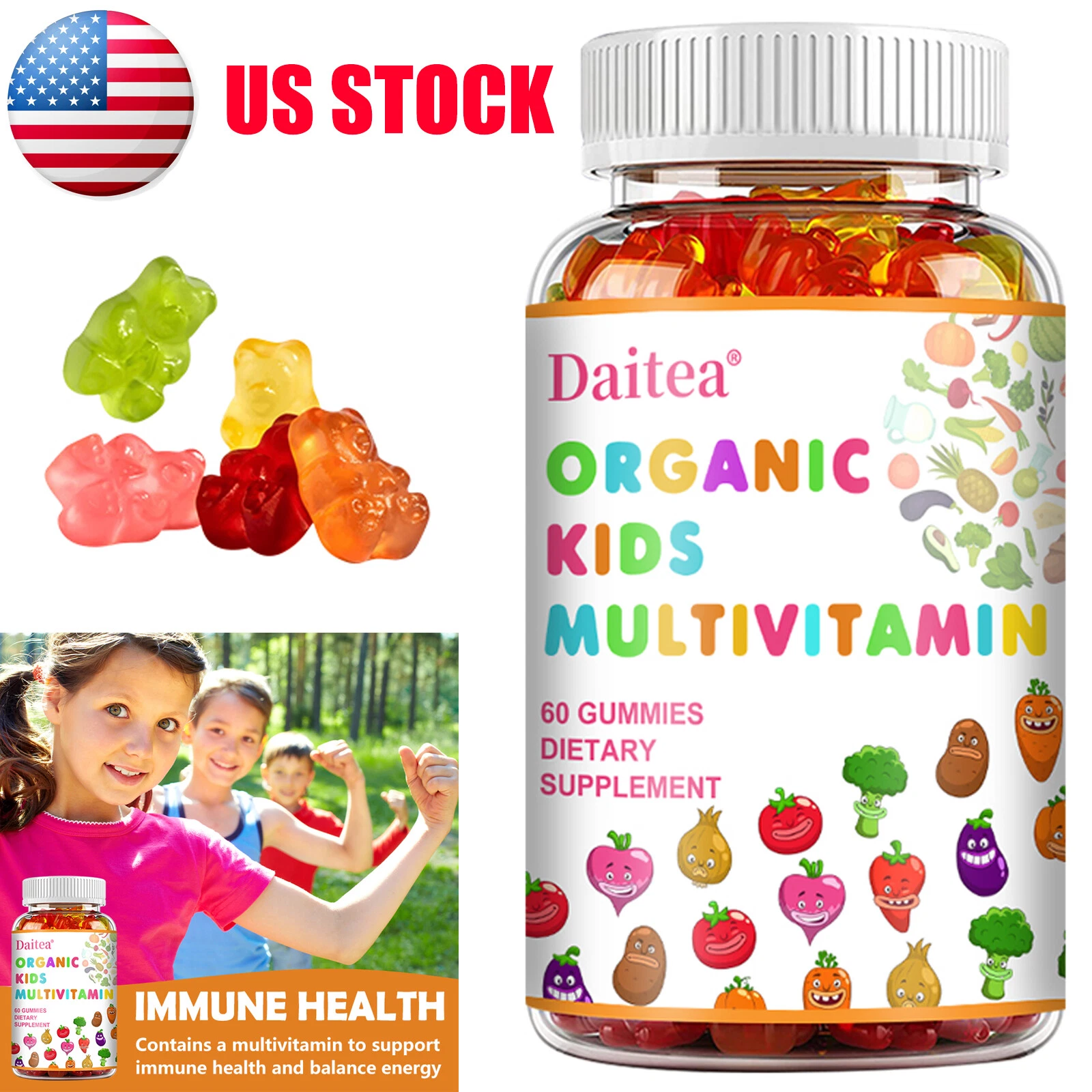 Organic Kid's Natural Multivitamin Gummies Support Digestive System Energy
