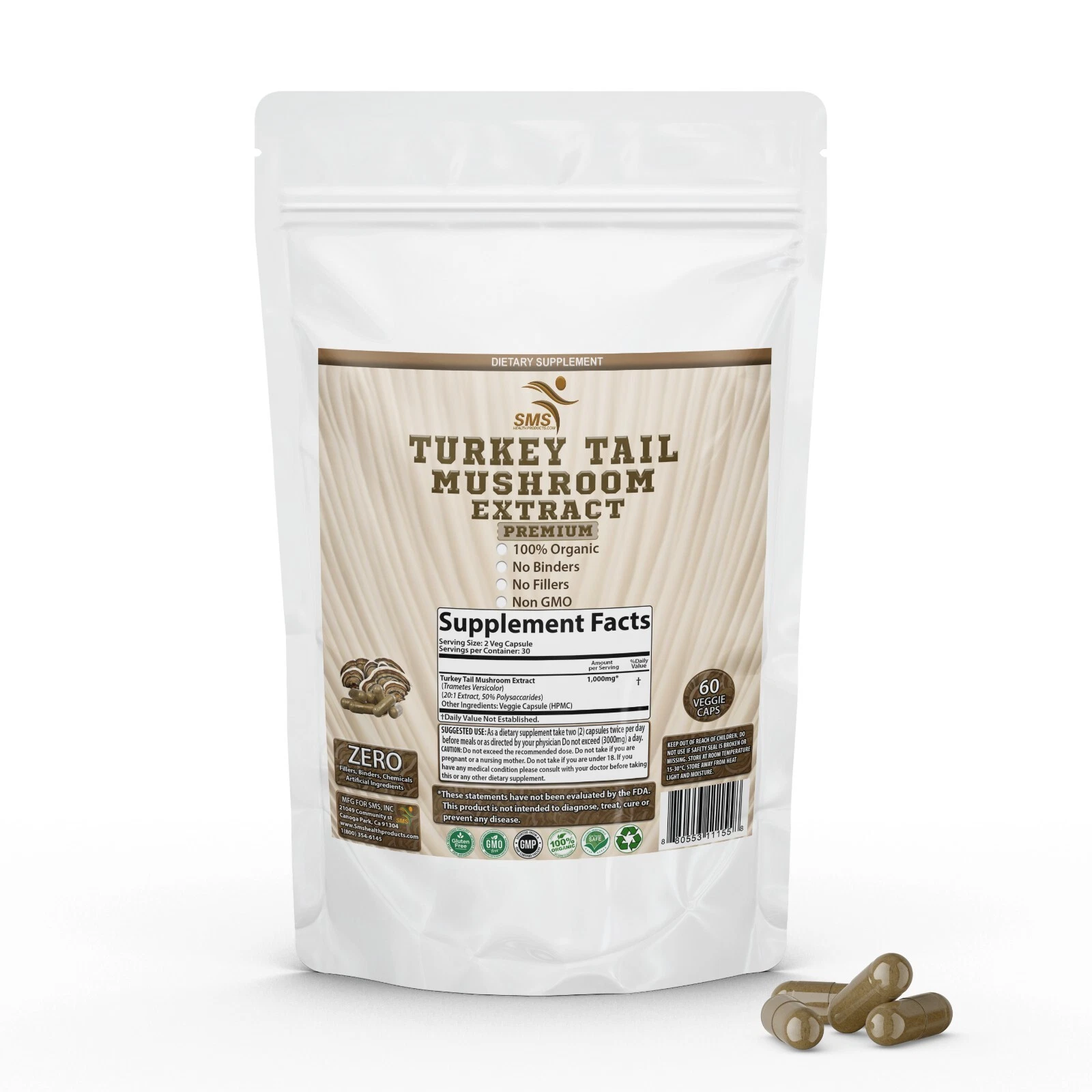 Turkey Tail Mushroom Extract 60 Capsules - Boosts Gut Health 50% Polysaccharides