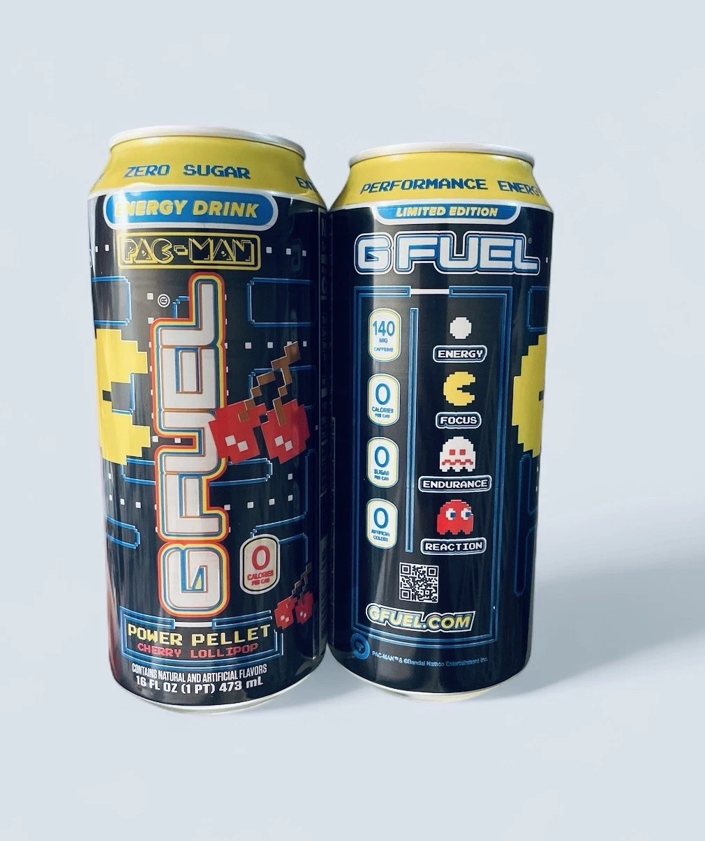 2x Limited Edition PAC MAN x GFUEL Power Pellet 16oz Can Cherry Lollipop NEW Lot