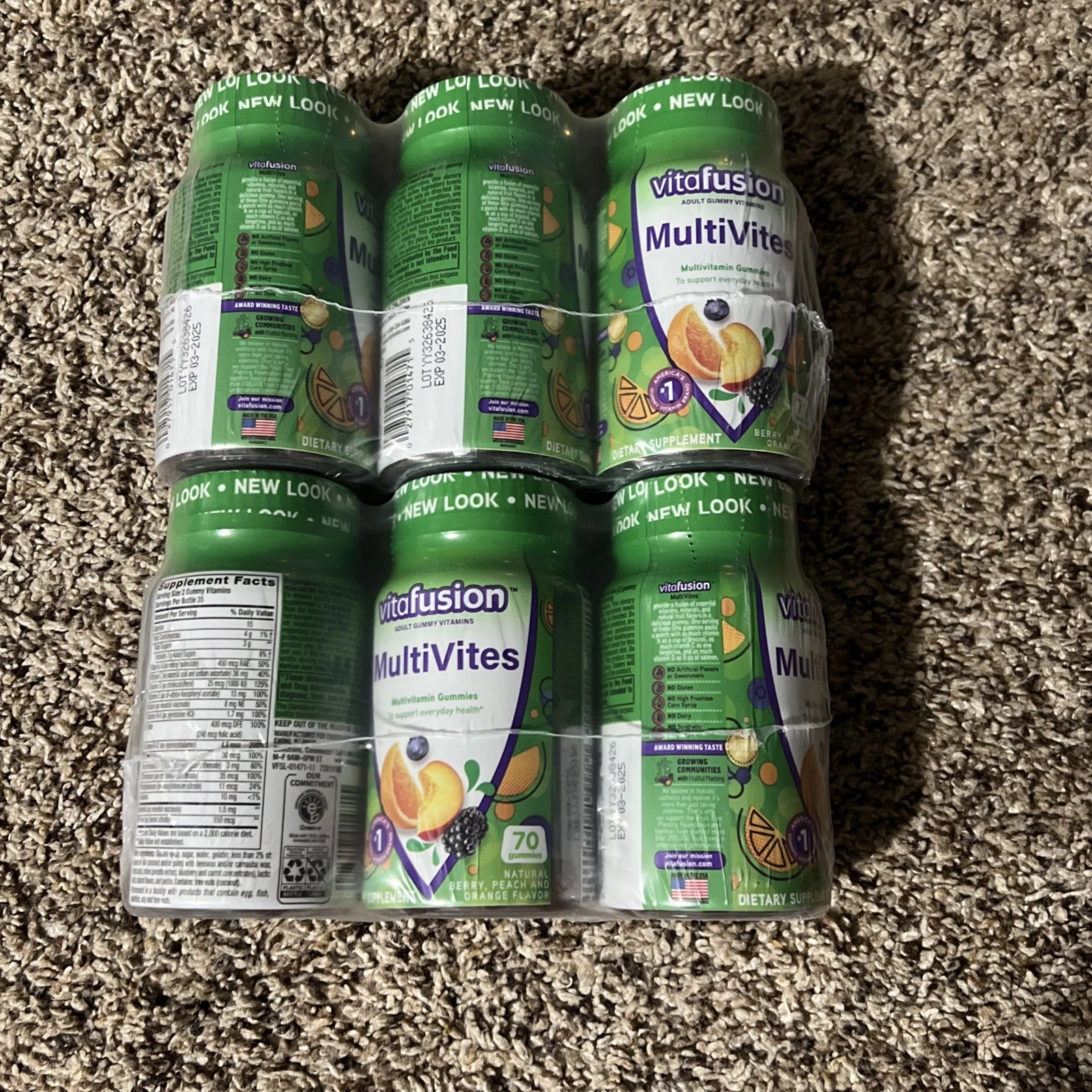 6 Pack Vitafusion MultiVites MultiVitamin Gummies Berry, Peach, Orange 70ct Each