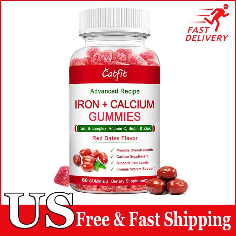 60 Iron Calcium Gummies with VitaminC D3,VitaminB12,Zinc for Kids & Adult Bones